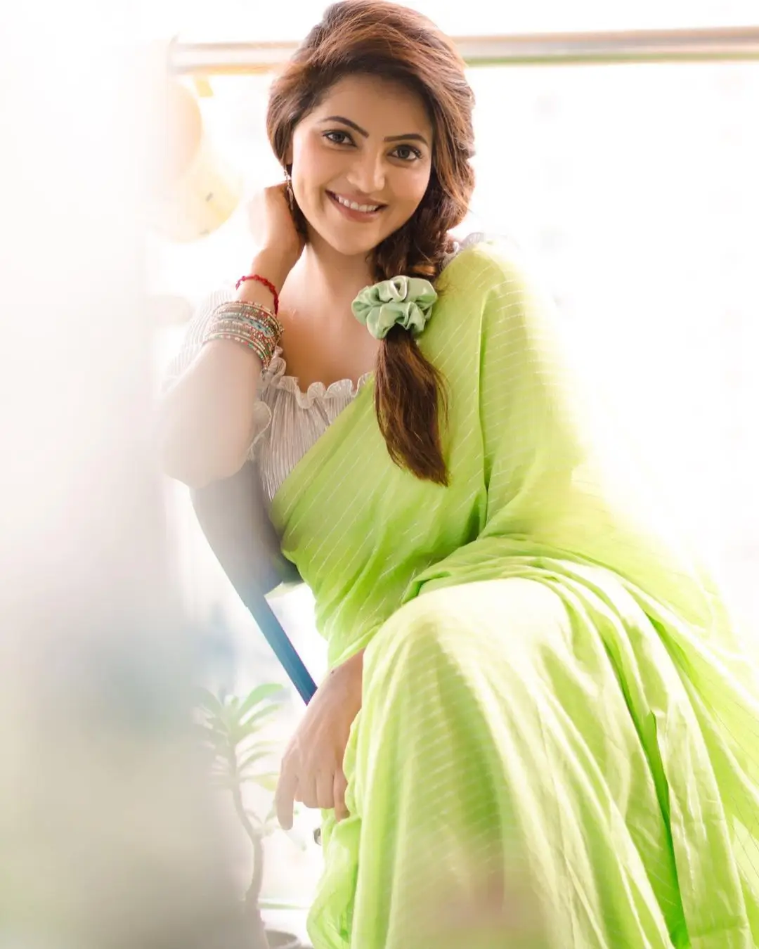 Tamil Girl Athulya Ravi Stills In Green Saree White Blouse